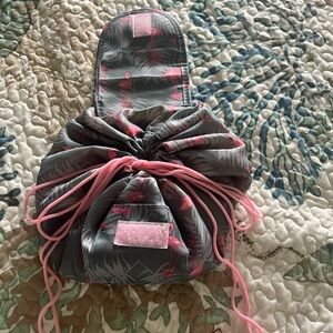 Pink & grey Flamingo 14" Cosmetic Barrel Makeup Bag Drawstring Travel Organizer